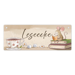 Maus mit Buch Metallschild mit Spruch Leseecke