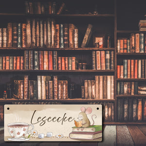 Maus mit Buch Metallschild mit Spruch Leseecke