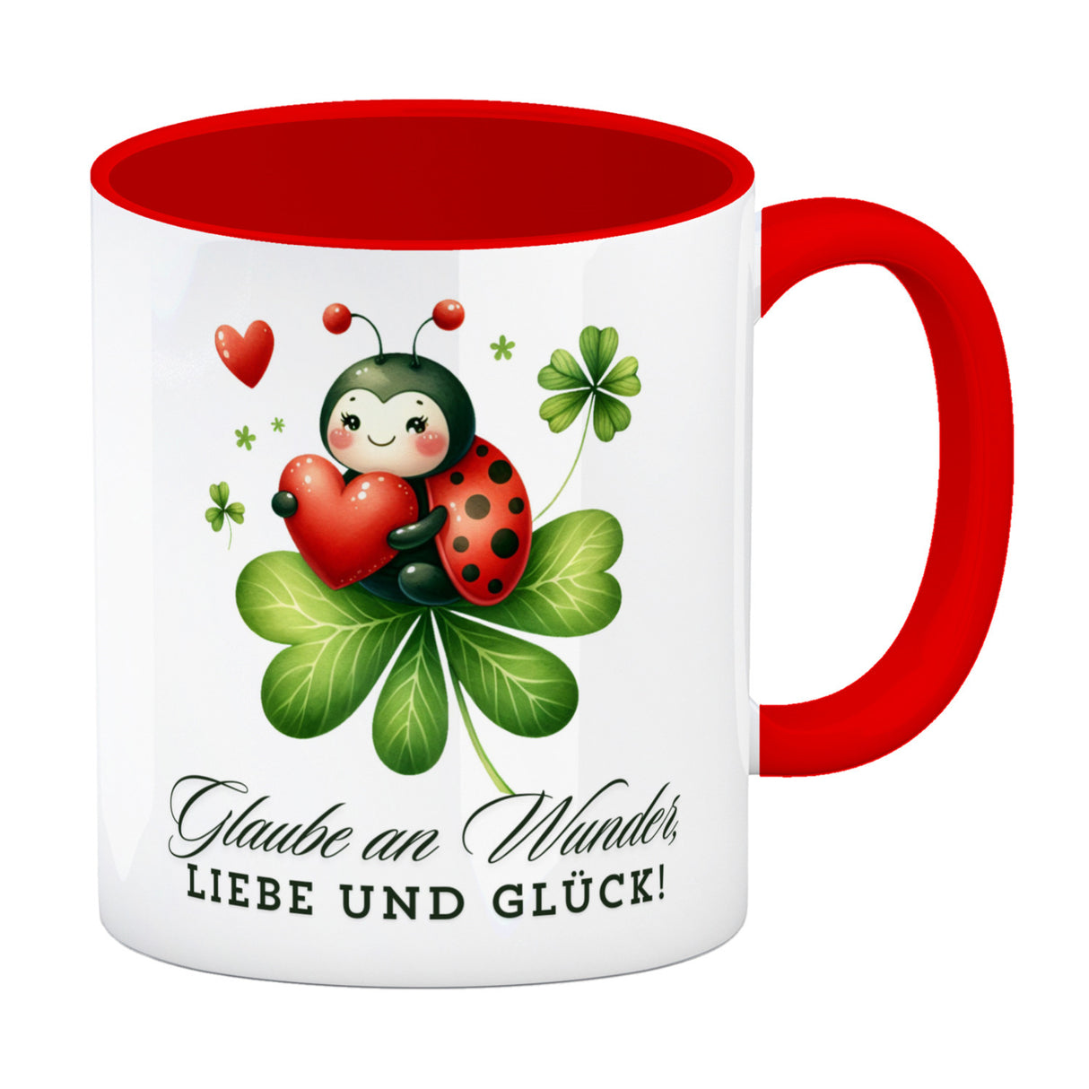 Marienkäfer Kaffeebecher mit Spruch Glaube an Wunder, Liebe und Glück!