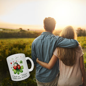 Marienkäfer Kaffeebecher mit Spruch Glaube an Wunder, Liebe und Glück!