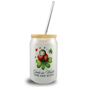 Marienkäfer Trinkglas mit Bambusdeckel mit Spruch Glaube an Wunder, Liebe und Glück!