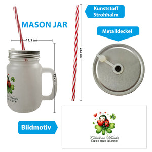 Marienkäfer Trinkglas mit Bambusdeckel mit Spruch Glaube an Wunder, Liebe und Glück!