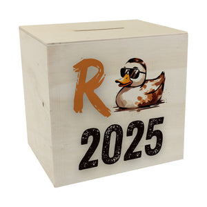 Ente mit Sonnenbrille Spardose mit Spruch Rente 2025
