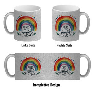 Regenbogen Kaffeebecher mit Spruch Enjoy every moment