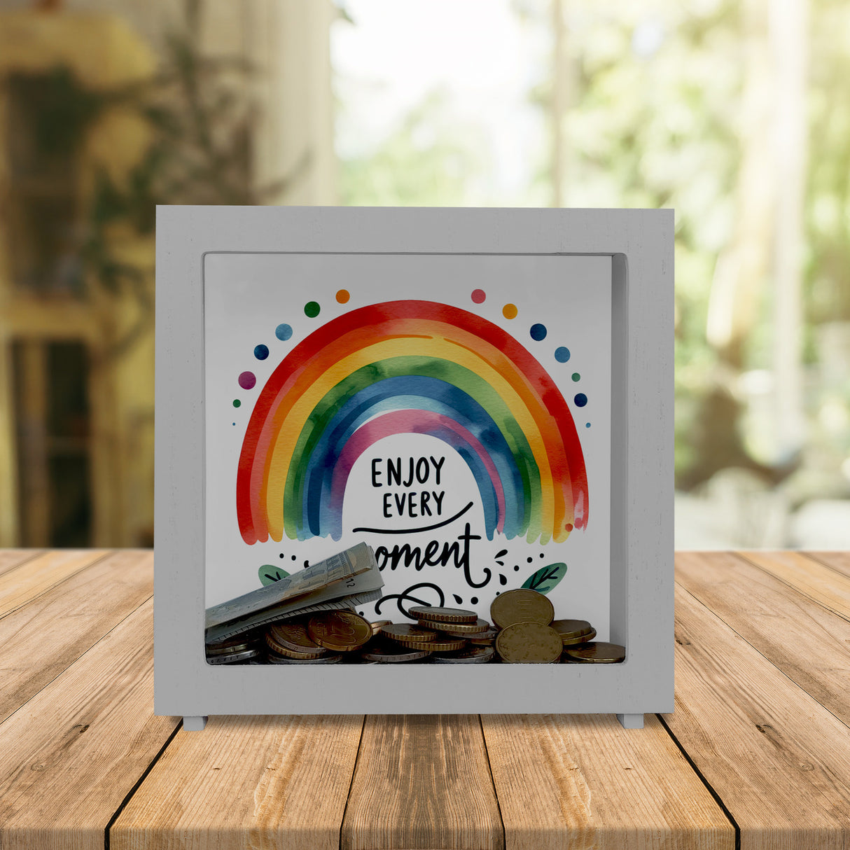 Regenbogen Spardose mit Spruch Enjoy every moment