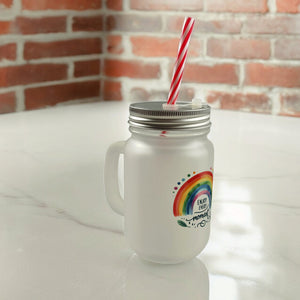 Regenbogen Trinkglas mit Bambusdeckel mit Spruch Enjoy every moment