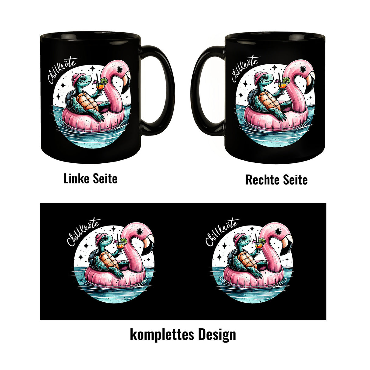 Schildkröte auf Flamingo-Schwimmring Tasse in Schwarz mit Spruch Chillkröte