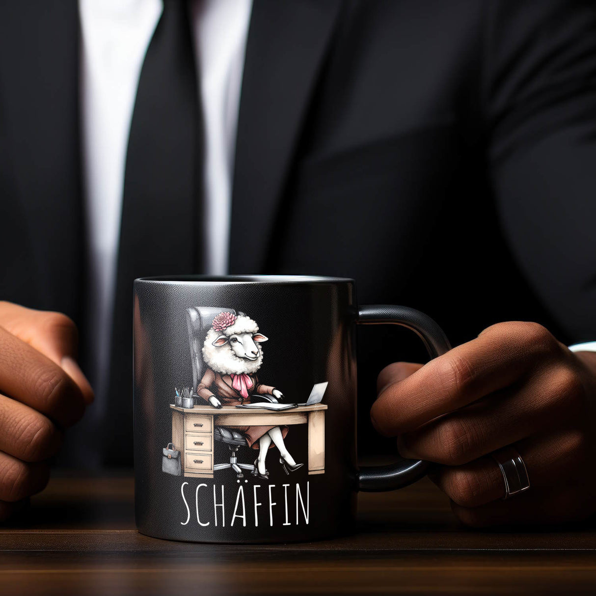Schaf Chefin im Chefsessel Tasse in Schwarz mit Spruch Schäffin
