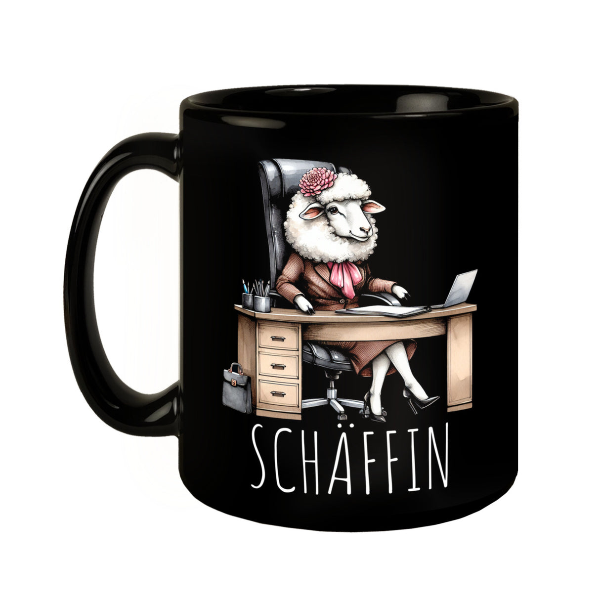 Schaf Chefin im Chefsessel Tasse in Schwarz mit Spruch Schäffin