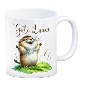 jubelnder Lemming Kaffeebecher mit Spruch Gute Laune