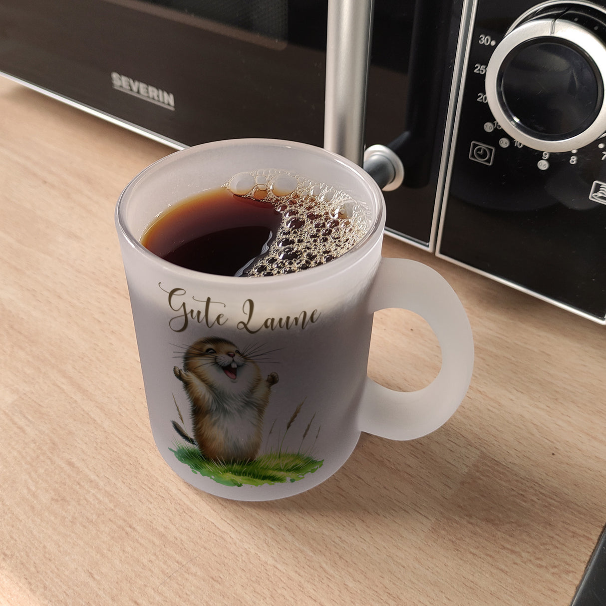 jubelnder Lemming Kaffeebecher mit Spruch Gute Laune