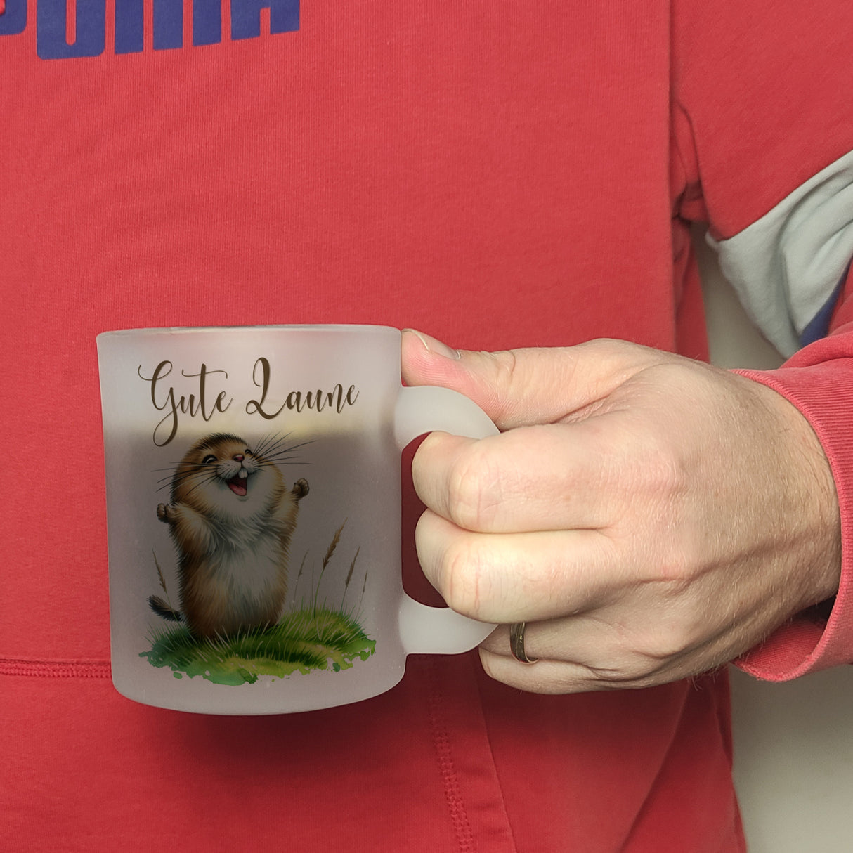 jubelnder Lemming Kaffeebecher mit Spruch Gute Laune