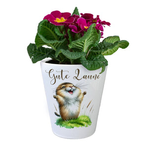 jubelnder Lemming Blumentopf mit Spruch Gute Laune