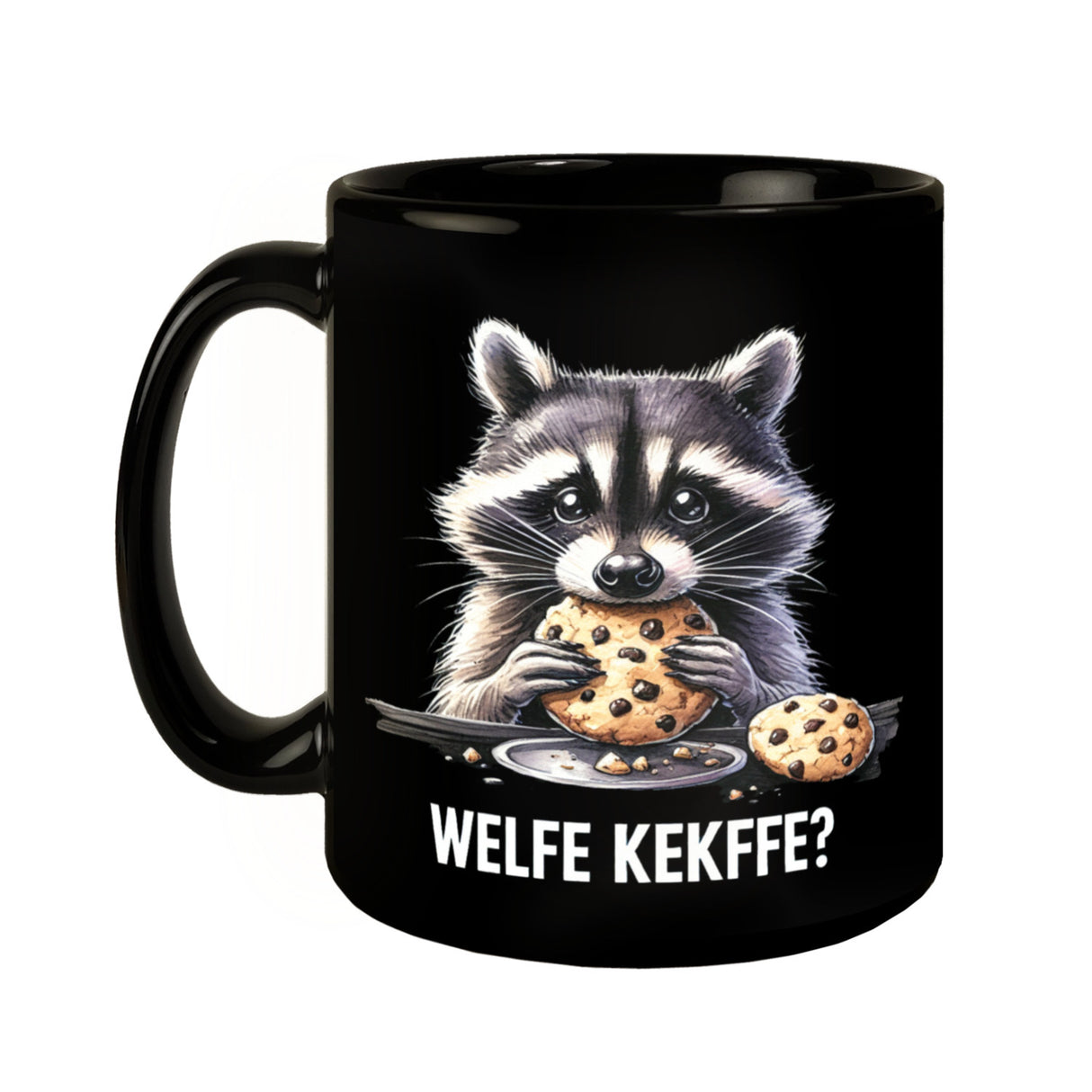Verfressener Waschbär mit Keksen Tasse in Schwarz mit Spruch Welfe Kekffe?