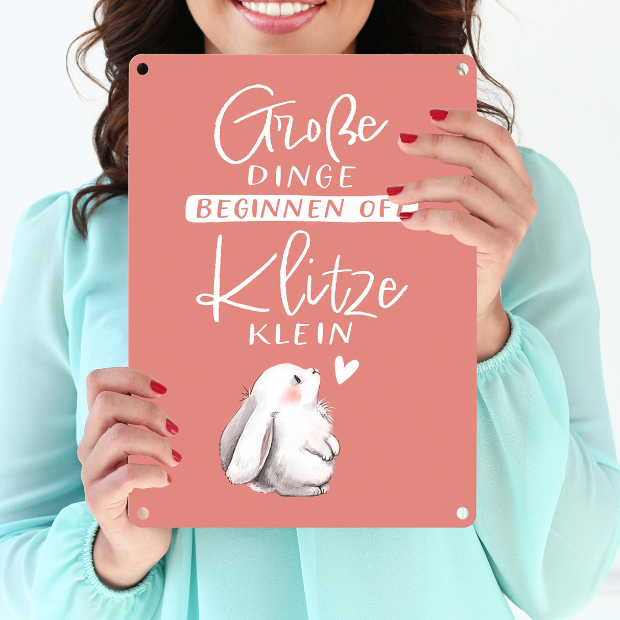 Baby Hase Metallschild in 15x20 cm mit Spruch Große Dinge beginnen oft Klitzeklein
