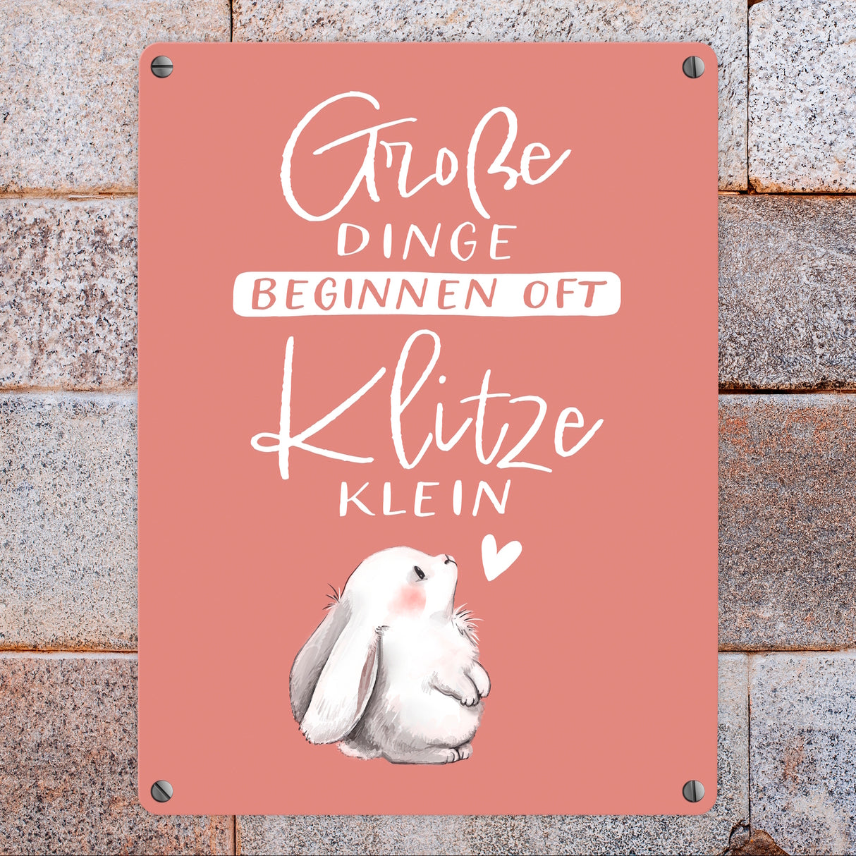 Baby Hase Metallschild in 15x20 cm mit Spruch Große Dinge beginnen oft Klitzeklein