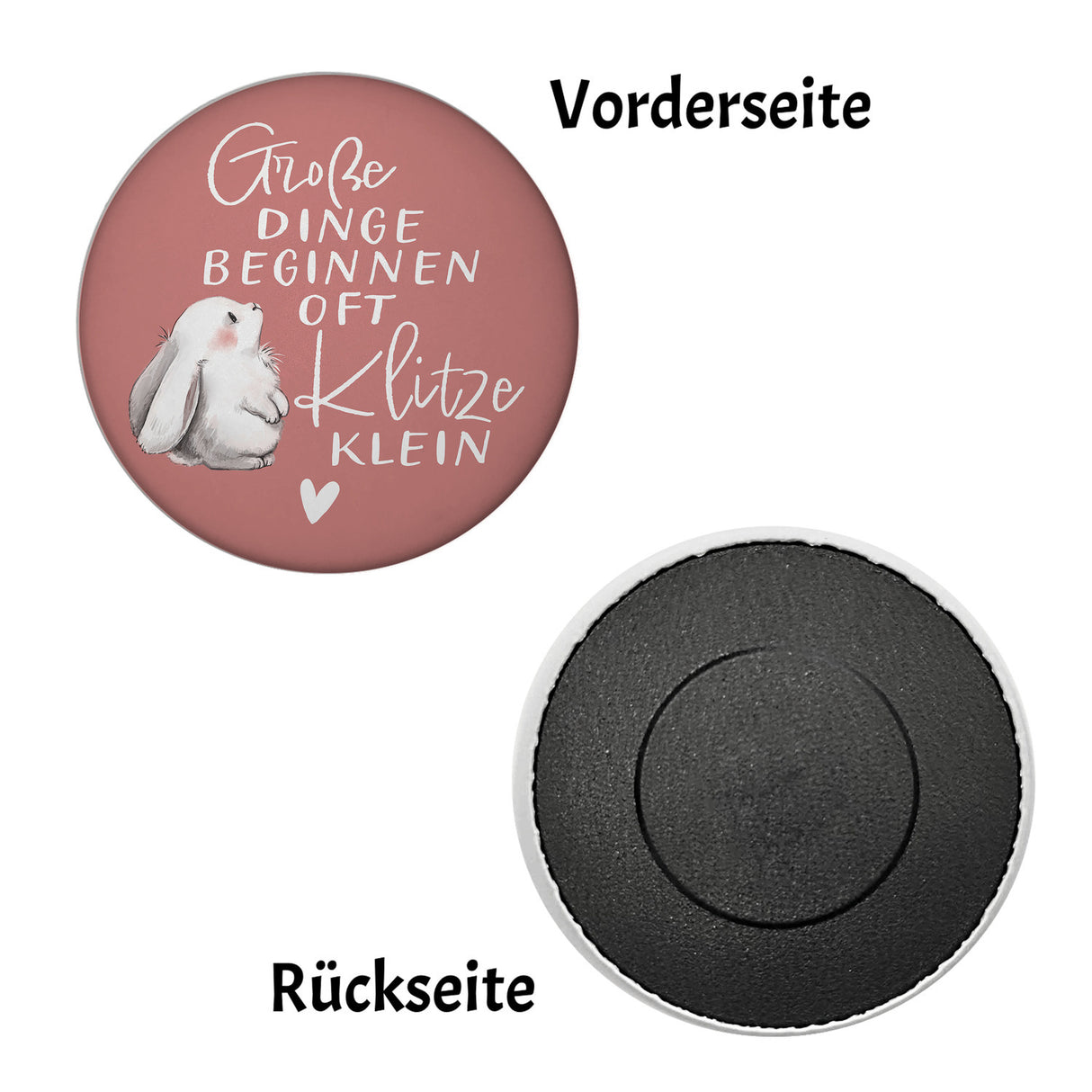 Baby Hase Magnet rund mit Spruch Große Dinge beginnen oft Klitzeklein