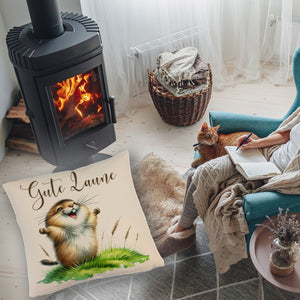 jubelnder Lemming Kissen mit Spruch Gute Laune