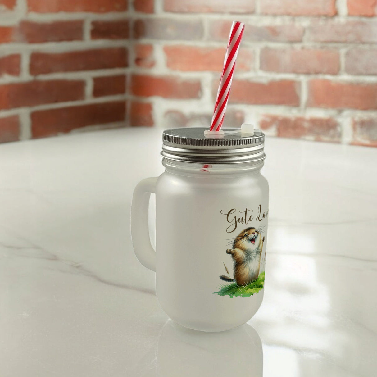 jubelnder Lemming Trinkglas mit Bambusdeckel mit Spruch Gute Laune