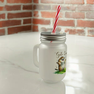 jubelnder Lemming Trinkglas mit Bambusdeckel mit Spruch Gute Laune