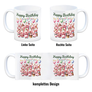 Schweine Party Kaffeebecher mit Spruch Happy Birthday