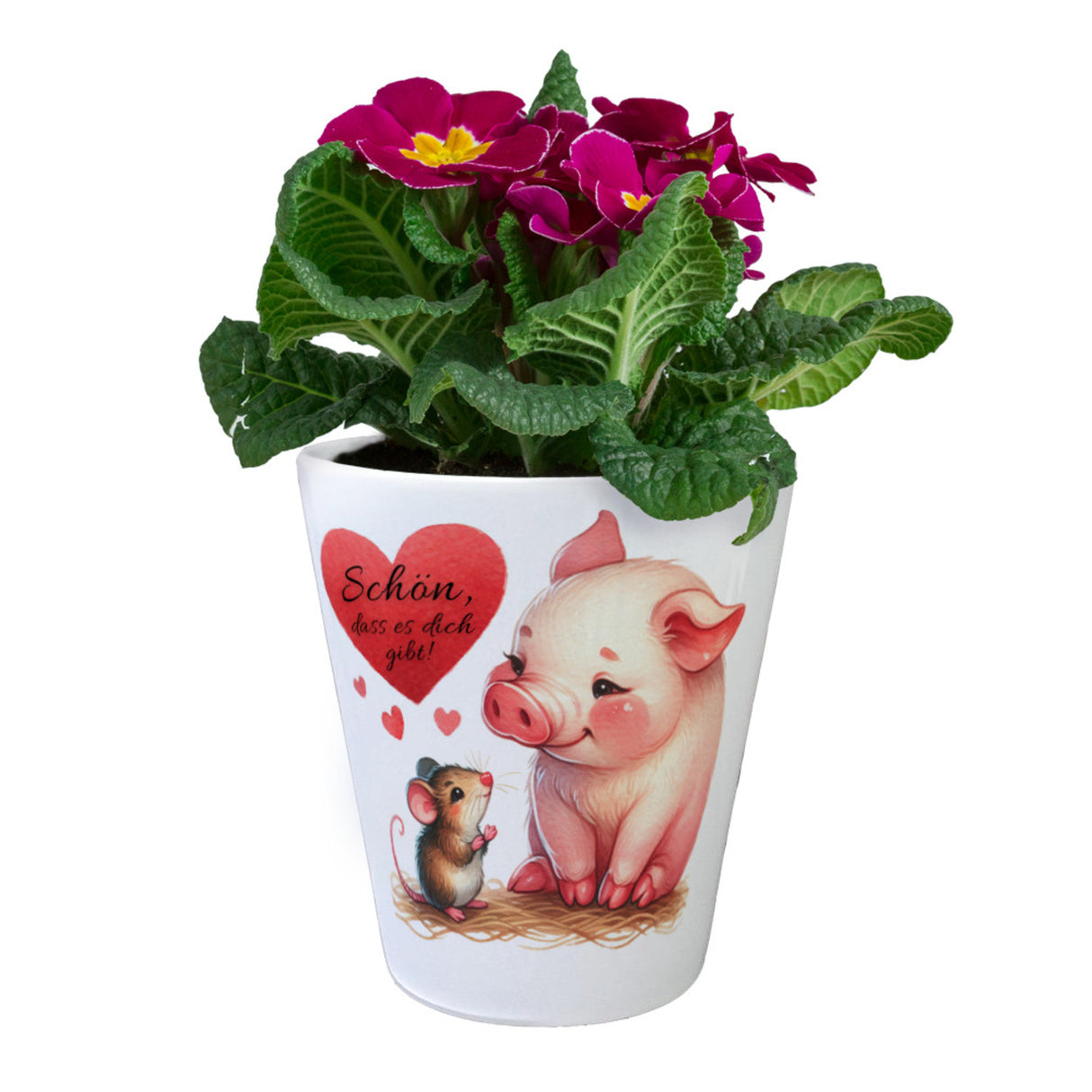 Schwein mit Maus und Herz Blumentopf mit Spruch Schön dass es dich gibt