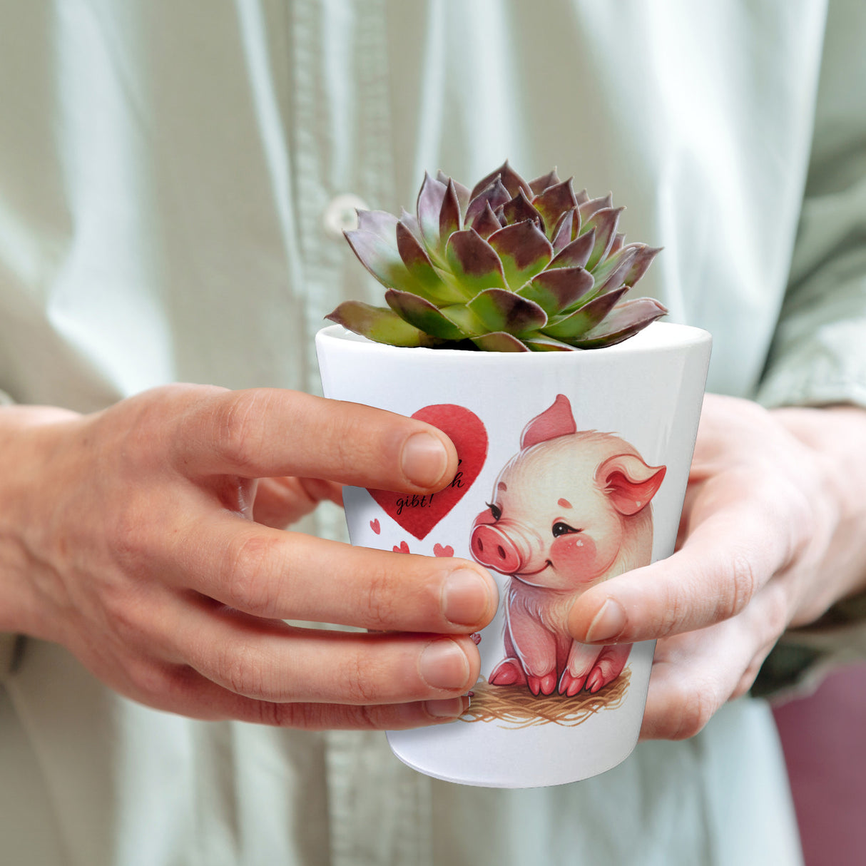 Schwein mit Maus und Herz Blumentopf mit Spruch Schön dass es dich gibt