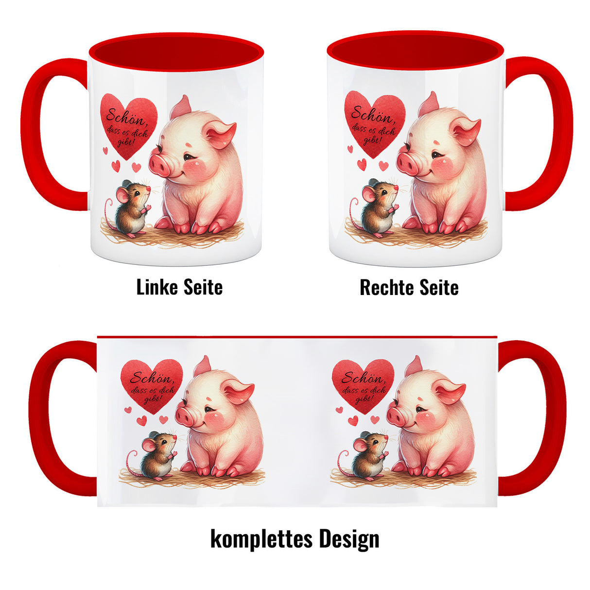 Schwein mit Maus und Herz Kaffeebecher mit Spruch Schön dass es dich gibt