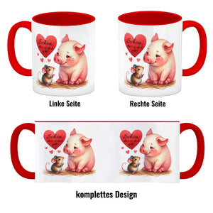 Schwein mit Maus und Herz Kaffeebecher mit Spruch Schön dass es dich gibt