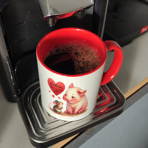 Schwein mit Maus und Herz Kaffeebecher mit Spruch Schön dass es dich gibt
