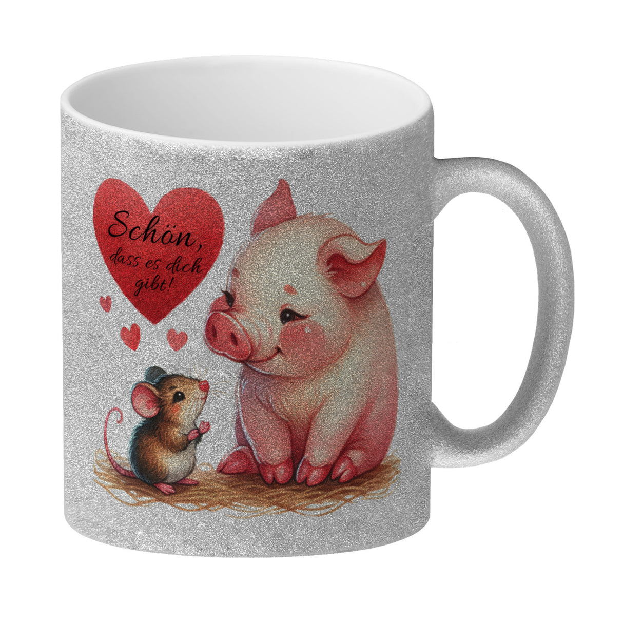 Schwein mit Maus und Herz Kaffeebecher mit Spruch Schön dass es dich gibt
