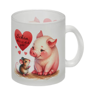 Schwein mit Maus und Herz Kaffeebecher mit Spruch Schön dass es dich gibt