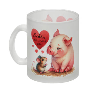 Schwein mit Maus und Herz Kaffeebecher mit Spruch Schön dass es dich gibt