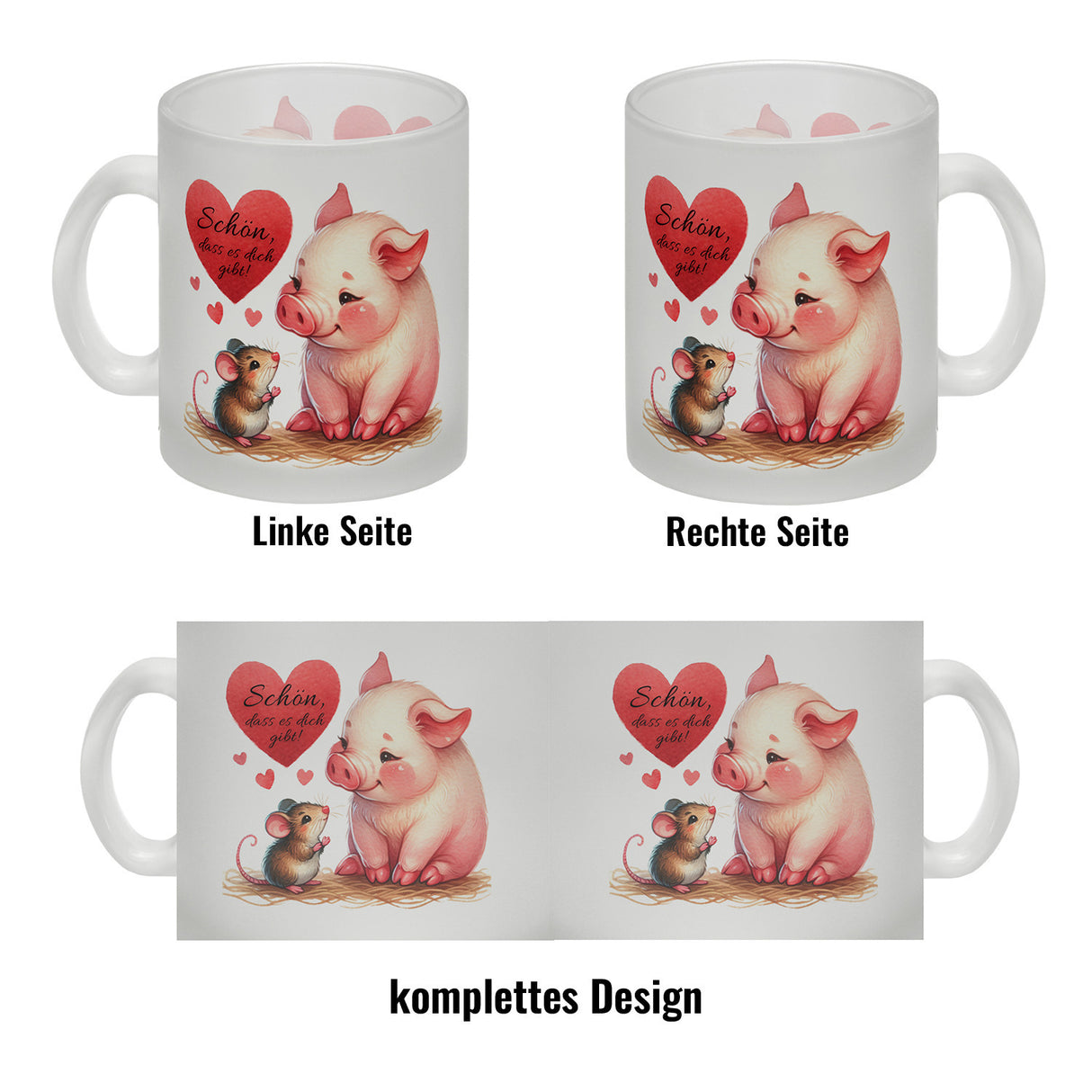 Schwein mit Maus und Herz Kaffeebecher mit Spruch Schön dass es dich gibt