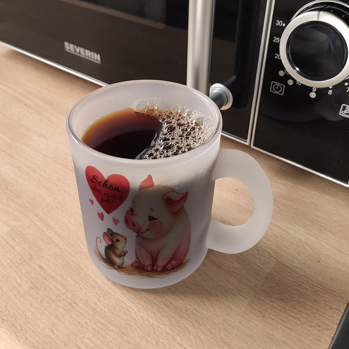 Schwein mit Maus und Herz Kaffeebecher mit Spruch Schön dass es dich gibt