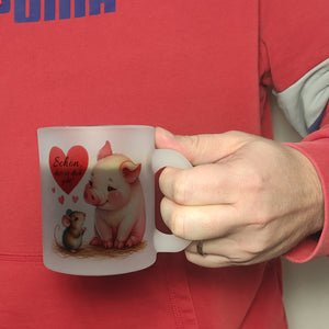 Schwein mit Maus und Herz Kaffeebecher mit Spruch Schön dass es dich gibt