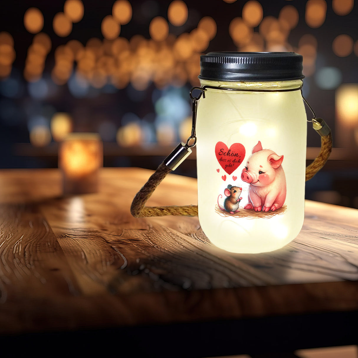 Schwein mit Maus und Herz Solarlicht mit Spruch Schön dass es dich gibt