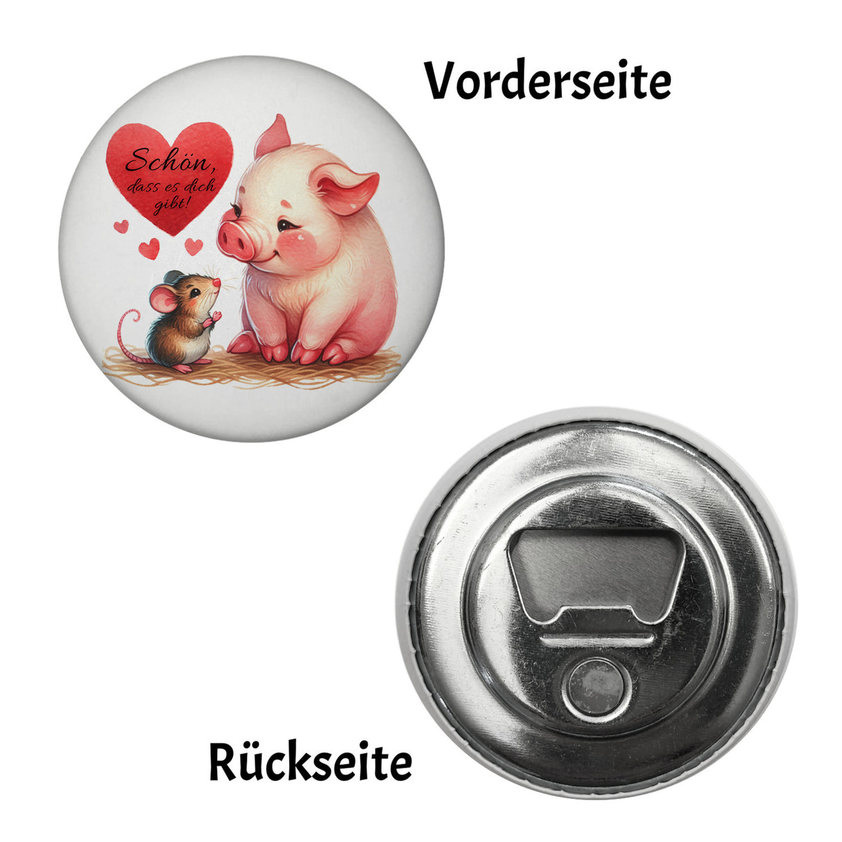 Schwein mit Maus und Herz Magnet rund mit Spruch Schön dass es dich gibt