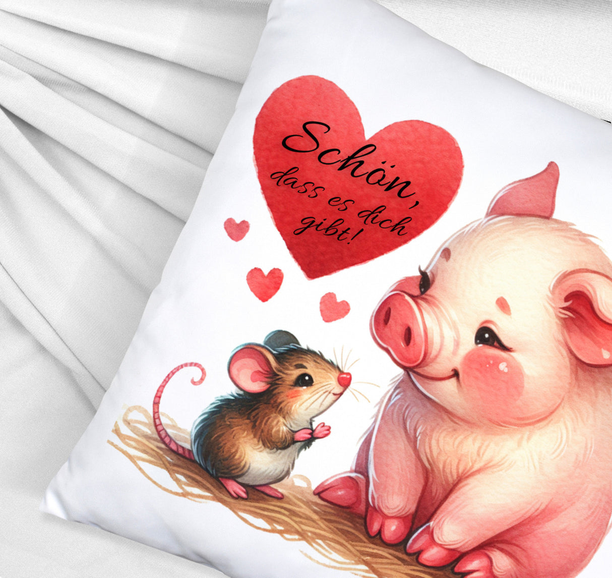 Schwein mit Maus und Herz Kissen mit Spruch Schön dass es dich gibt
