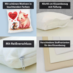 Schwein mit Maus und Herz Kissen mit Spruch Schön dass es dich gibt