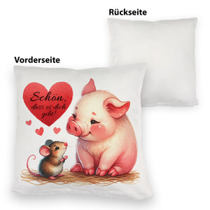 Schwein mit Maus und Herz Kissen mit Spruch Schön dass es dich gibt