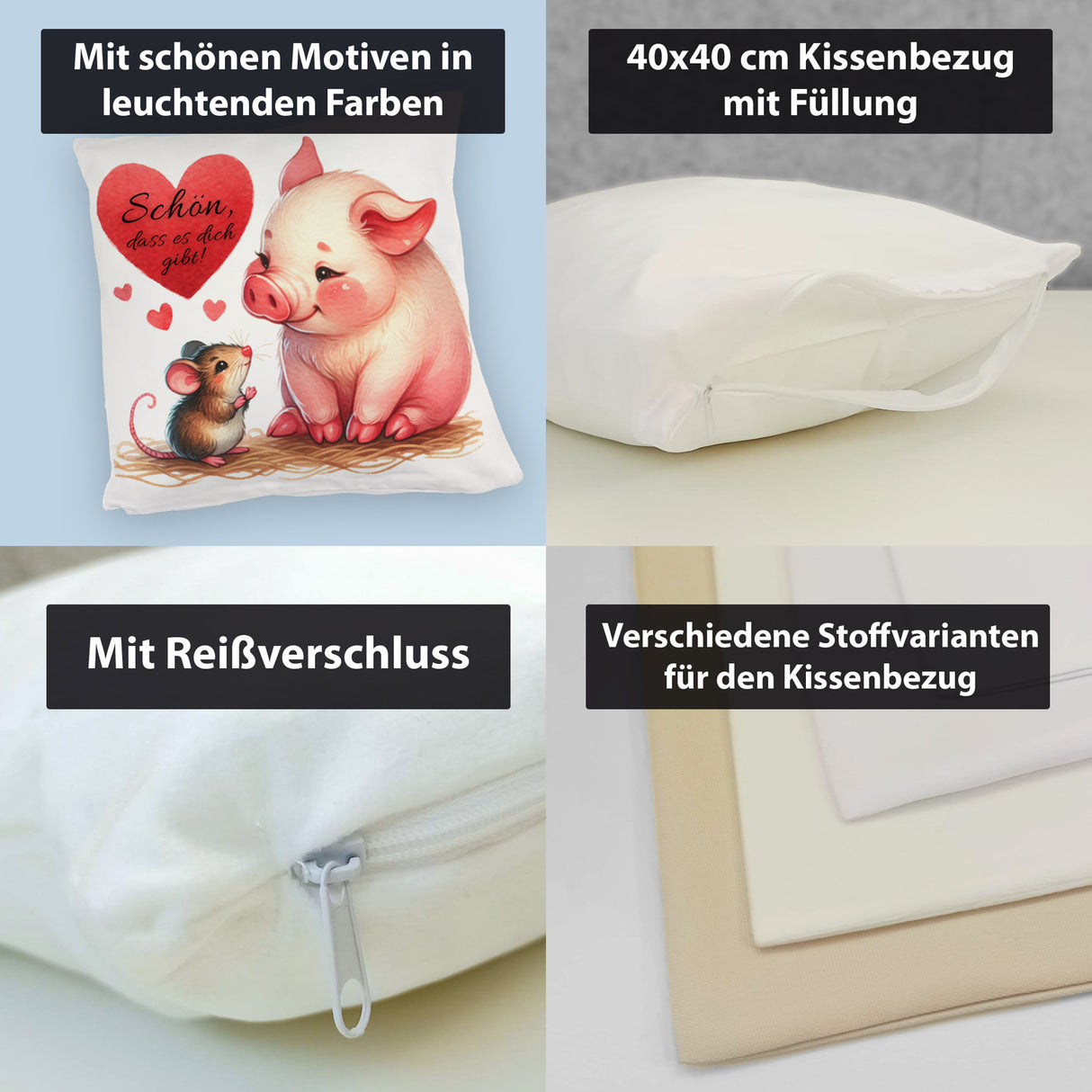 Schwein mit Maus und Herz Kissen mit Spruch Schön dass es dich gibt