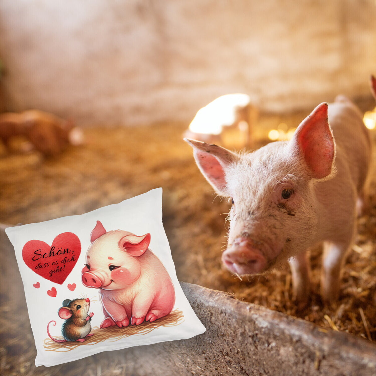 Schwein mit Maus und Herz Kissen mit Spruch Schön dass es dich gibt