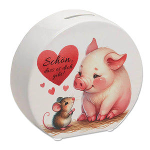 Schwein mit Maus und Herz Spardose mit Spruch Schön dass es dich gibt
