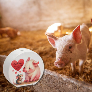 Schwein mit Maus und Herz Spardose mit Spruch Schön dass es dich gibt