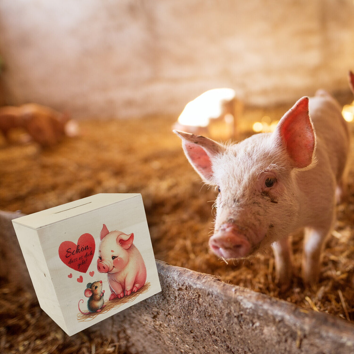 Schwein mit Maus und Herz Spardose mit Spruch Schön dass es dich gibt