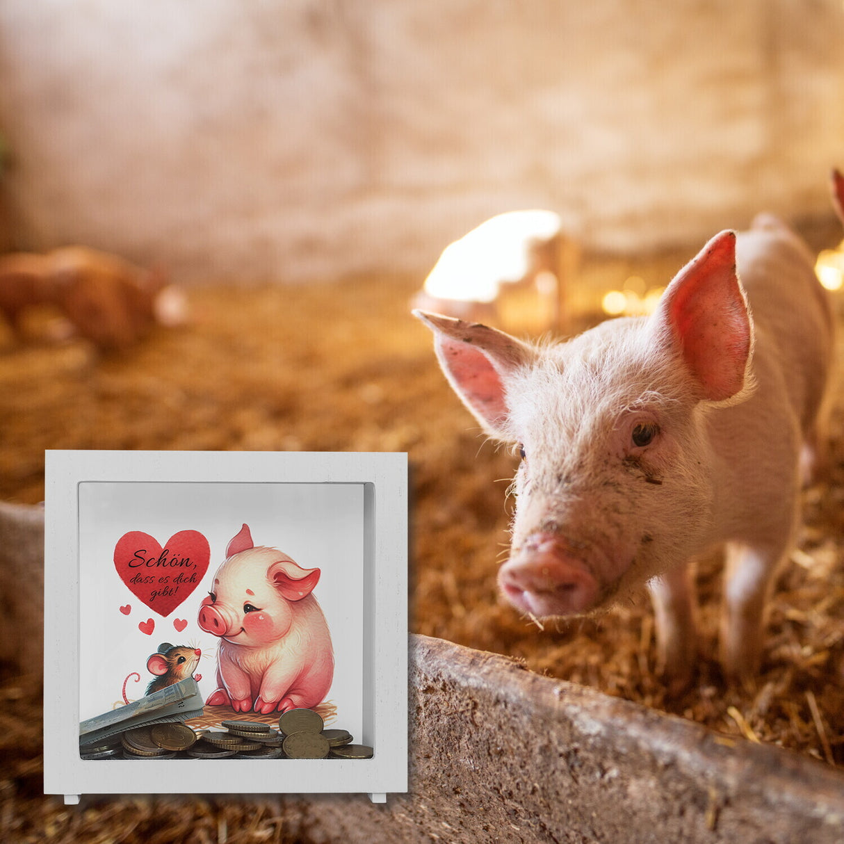 Schwein mit Maus und Herz Spardose mit Spruch Schön dass es dich gibt