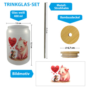 Schwein mit Maus und Herz Trinkglas mit Bambusdeckel mit Spruch Schön dass es dich gibt