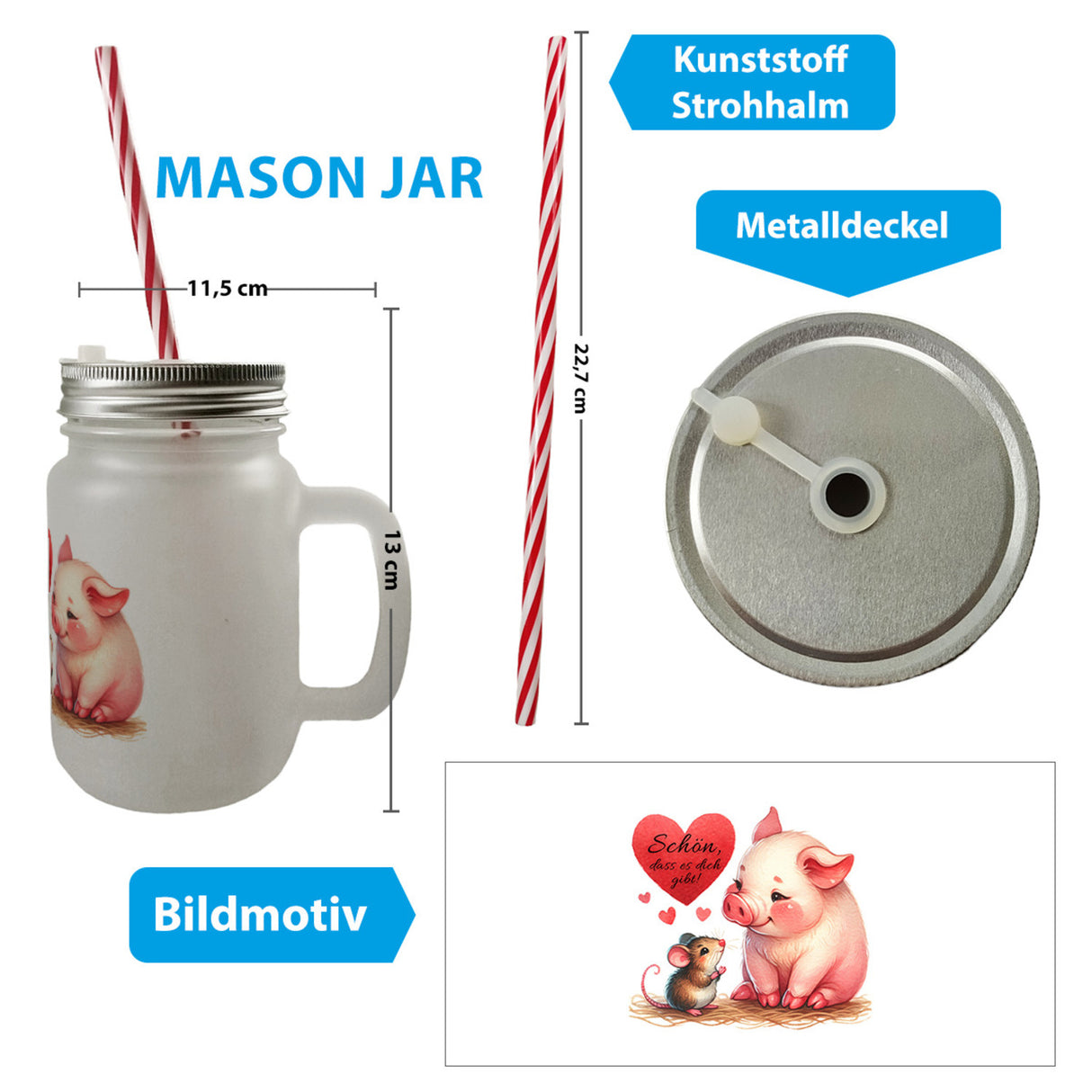 Schwein mit Maus und Herz Trinkglas mit Bambusdeckel mit Spruch Schön dass es dich gibt
