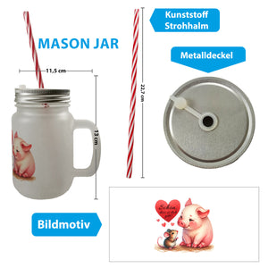 Schwein mit Maus und Herz Trinkglas mit Bambusdeckel mit Spruch Schön dass es dich gibt